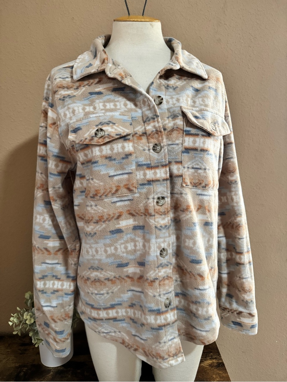 Wallflower Beige and Light Blue Aztec Fleece Shacket